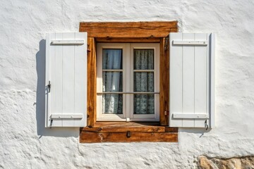 Wooden Window With White Shutters on a Blank Wall Generative AI