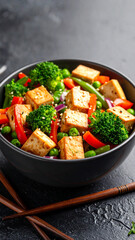 Vegetable Stir-Fry with Tofu, Broccoli, Peppers, and Snap Peas &ndash; Served in a Ceramic Bowl