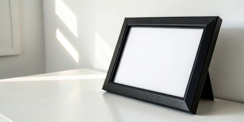 Fototapeta premium A black picture frame with a white background sits on a white surface bathed in soft sunlight.