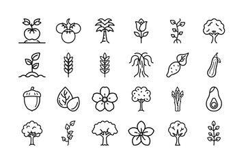Hand-Drawn Collection of Botanical Icons Set. Trees, Fruits, Vegetables, Flowers, and Plants in Minimalist Black Line Art Style for Nature and Gardening Designs