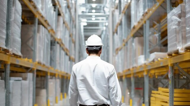 Man in a white shirt and helmet walks through a large warehouse with stacks of pallets and shelves.