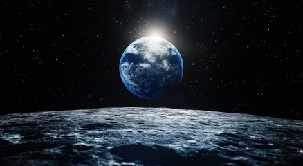 Earth rising over lunar surface