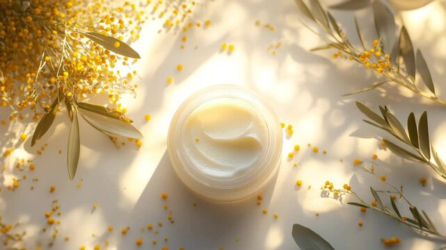 A jar of cream is sitting on a table with flowers and leaves. The jar is half full and the cream is white. The flowers and leaves create a natural and calming atmosphere