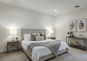 Bedroom interior with bed, side tables, lamps, console table and wall art