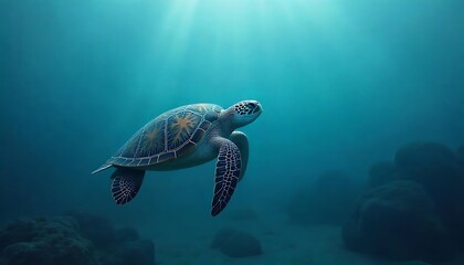 Fototapeta premium Minimalist Paper Cut Earth with Turtle and OceanPaper Cut Earth and Turtle with Blue OceanPaper Cut Earth – Turtle and Sun on Blue OceanMinimalist Earth and Turtle – Paper Texture Design