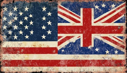 Vintage-style, distressed flag graphic combining the United States and British flags.  The design has a faded, worn appearance, like an old metal sign or poster, with a textured, aged effect