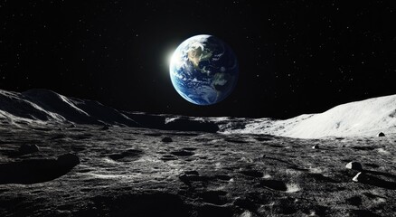 Earth rising over lunar landscape