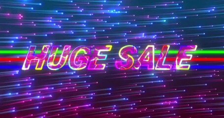 Neon-glitch huge sale text being animated over screen, showing glitch bars and moving pixel streaks - Powered by Adobe