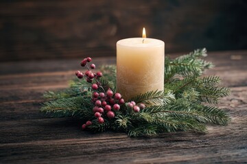 Lit candle with pine and berries on rustic wooden table.
