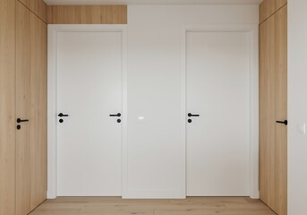 Interior view of three white doors with black handles and wood paneling