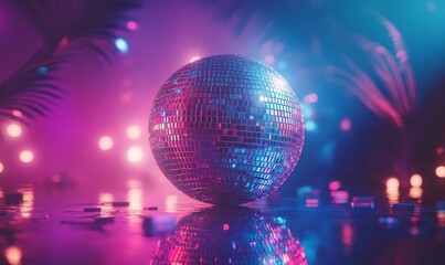 Obraz premium A dazzling, reflective disco ball sits, projecting a mesmerizing light display of vibrant colors, invoking the spirit of celebration and dance.