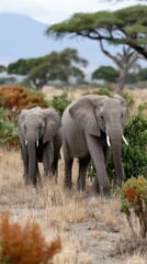 Obraz premium Mother elephant and calf walk across savannah with rainbow and mountain backdrop showcasing nature's beauty