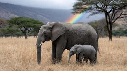 Obraz premium Mother elephant and calf walk across savannah with rainbow and mountain backdrop showcasing nature's beauty