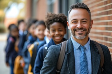 Obraz premium A teacher leading a class of cheerful students, walking down the school hallway, conveying the warmth and camaraderie. Capturing an image of school, education and unity.