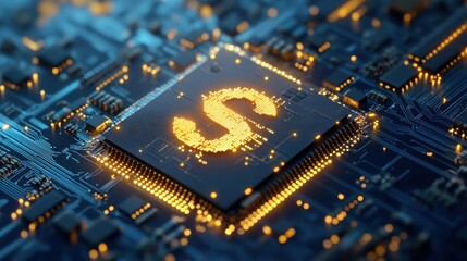 Euro currency symbol glowing on a microchip over a circuit board, futuristic digital style, blue bokeh background, concept of digital finance.