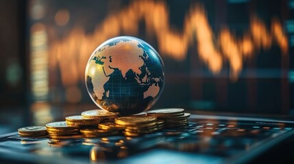 Globe on Stack of Coins with Financial Chart Background