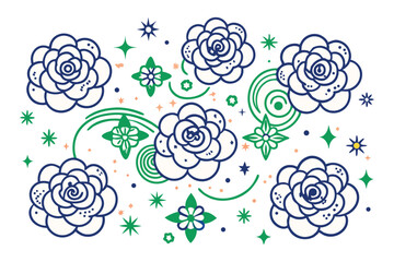 Rounded rose-like blooms shaped from spiral cloud curves, scattered like stars