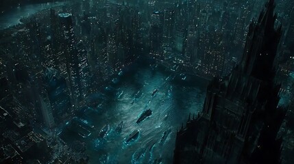 Futuristic Cityscape at Night with Mysterious Vessels