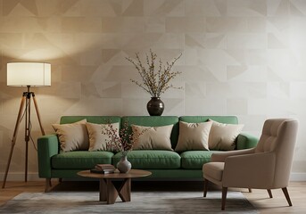 Living room interior with green sofa, armchair, lamp, and coffee table