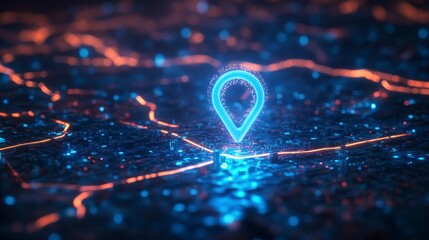 Glowing digital map pin over a city at night.