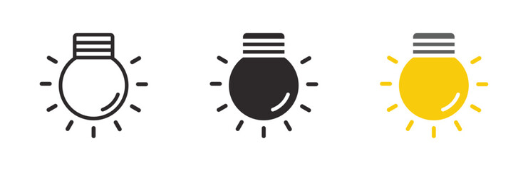 Light bulb icon on white background. Idea symbol. Electric lamp, light, innovation, solution, creative thinking, electricity. Outline, flat and colored style. Flat design.