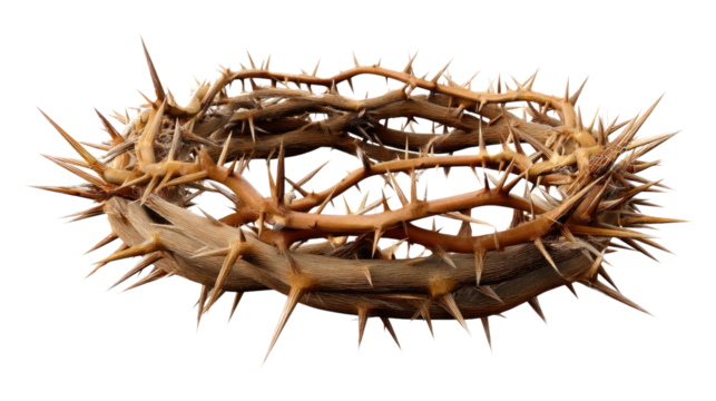The Crown of Thorns: Symbol of religious significance with intricate detail, depicting an austere moment of sacrifice, a testament to faith and devotion.