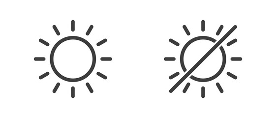 Sun and no Sun Icon. Sun and brightness control icons representing light adjustment, brightness, and display settings.