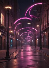 Swirling neon light patterns surrounding city streetlamps , background, vintage