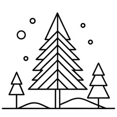 Fototapeta premium Winter pine tree forest line art illustration with falling snow