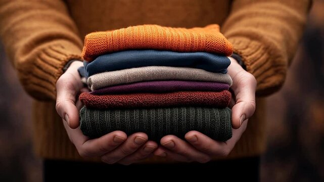 Person Holding a Stack of Folded Colorful Sweaters in Autumn Colors