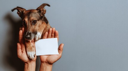 Holding a dog:  a dog is nestled gently in caring hands, holding a blank card, creating a heartwarming and interactive scene, evoking feelings of friendship, empathy and protection.– Generative AI