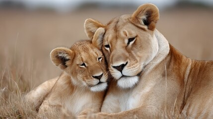 Obraz premium Lion and cub enjoying playful moments in the savannah during golden hour with soft, warm sunlight creating a cinematic atmosphere