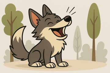 Obraz premium A cartoon wolf with a proud grin, teaching an invisible owl to howl, faint forest shapes forming the background on a light gray backdrop
