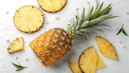Fresh Pineapple with Top and Slices on White Background