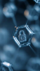 Abstract image of a padlock icon inside a glass hexagonal structure, symbolizing digital security, data protection, and network safety