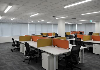 Open office space with cubicles and rolling chairs in a modern setting