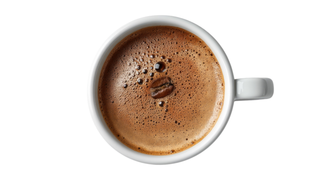 Aromatic Coffee Delight: An overhead view of a ceramic mug, brimming with rich, steaming coffee, inviting to sip with a single coffee bean floating atop the creamy surface