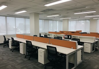 Open office space with desks, chairs, and dividers in a modern corporate environment