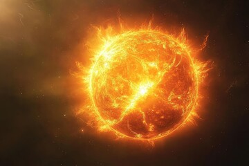 Fiery celestial sphere, blazing with intense heat.  Glowing orb, surrounded by a vast dark expanse, punctuated by distant stars.  Surface is textured with fiery eruptions