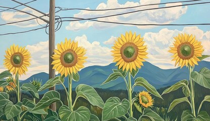 Four sunflowers stand tall against a backdrop of blue mountains, under a light blue sky with wispy clouds.  Power lines crisscross the upper portion of the image