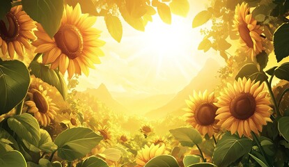 Sun-drenched sunflower field, mountains in the distance, vibrant colors, warm lighting, lush foliage