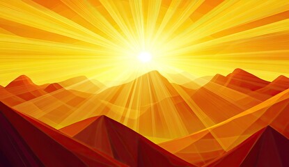 Sunrise over a mountain range, vibrant colors. Polygonal style, warm tones