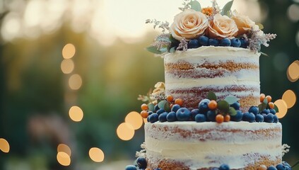 Rustic Wedding Cake with Outdoor Setting.