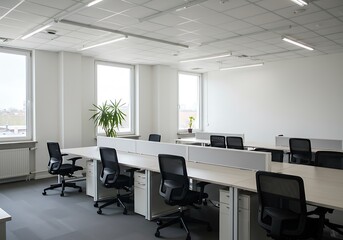 Bright office space with desks and chairs ready for employees to start working