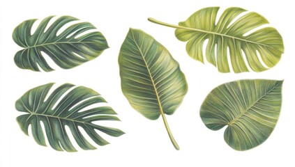 Set of stylized tropical leaves in various shades of green.  Intricate, detailed leaf structures with veins and a variety of shapes. Vivid colors and textures create a lush, botanical design