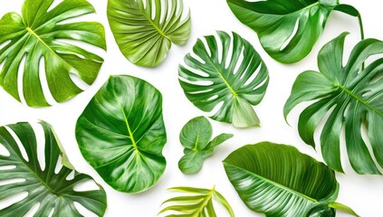 Vibrant green tropical leaves arranged on a white background.  Various shapes and sizes, showcasing lush foliage