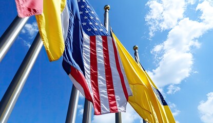 Flags of different nations waving in the wind against a clear blue sky.  Flags include American,  national flags