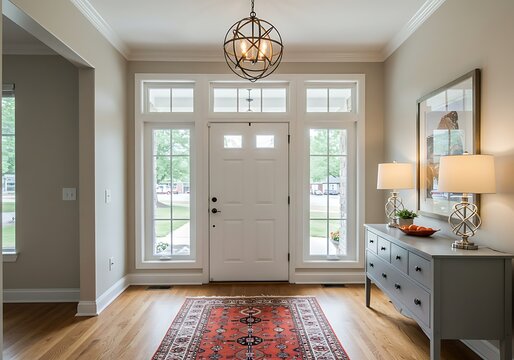 Entryway with white door, sidelights, globe chandelier, and oriental rug on hardwood floor