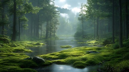 Obraz premium Sunbeam shining through mossy forest floor high resolution photo