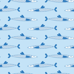 Cute vector seamless pattern with fish. Hand drawn illustration. Sardines in a sea-themed pattern. Pattern for fabric design, packaging, decoration. Fish of soft blue colors.